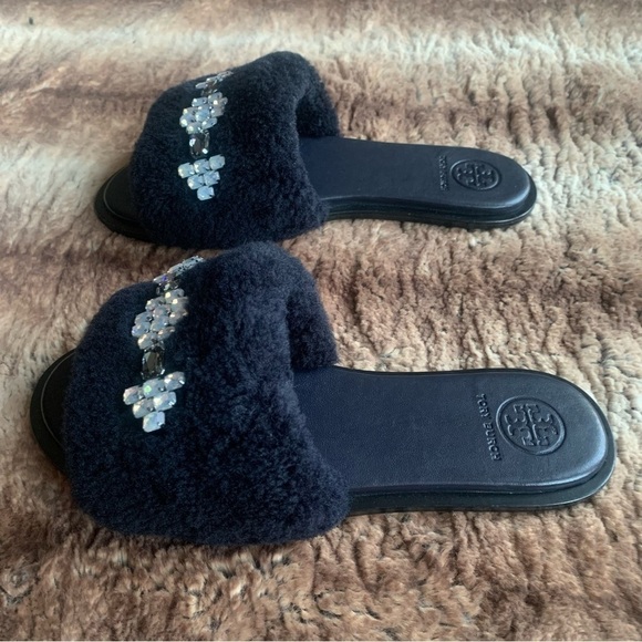 Tory Burch Aspen Embellished Shearling Slides - Picture 3 of 8